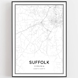 Suffolk Map Print, Suffolk Map Poster Wall Art, Va  City Map, Virginia Print Street Map Decor, Road Map Gift, B937