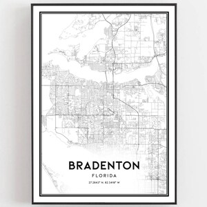 Bradenton Kaart Afdrukken, Bradenton Kaart Poster Wall Art, Fl Stadsplattegrond, Florida Print Stratenplan Decor, Wegenkaart Cadeau