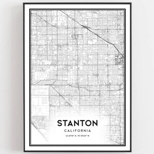 May include: Black and white map print of Stanton, California. The map shows the city streets and includes the coordinates 33.4715° N, 117.9934° W.