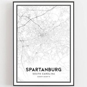 Spartanburg Karte Druck, Spartanburg Karte Poster Wandkunst, Sc Stadt karte, South Carolina Print Straßenkarte Dekor, Straßen karte Geschenk, B636