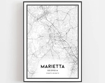 Marietta Map Print, Marietta Map Poster Wall Art, Ga  City Map, Georgia Print Street Map Decor, Road Map Gift, B1226