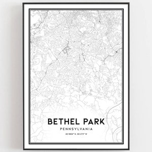 Bethel Park Karte Druck, Bethel Park Karte Poster Wandkunst, Pa Stadt Karte, Pennsylvania Print Straßen karte Dekor, Straßen karte Geschenk, B1841