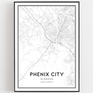 Phenix Stadt Karte Druck, Phenix Stadt Karte Poster Wandkunst, Al Stadt Karte, Alabama Print Straßen karte Dekor, Straßen karte Geschenk, B1681