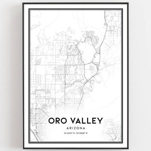Oro Valley Kaart Afdrukken, Oro Vallei Kaart Poster Wall Art, Az Stadsplattegrond, Arizona Print Stratenplan Decor, Routekaart Cadeau, B1514