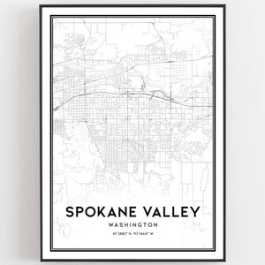 Spokane Valley Kaart Afdrukken, Spokane Vallei Kaart Poster Wall Art, Wa Stadsplattegrond, Washington Print Stratenplan Decor, Wegenkaart Cadeau, B885