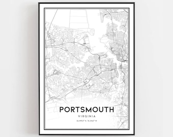 Portsmouth Map Print, Portsmouth Map Poster Wall Art, Va  City Map, Virginia Print Street Map Decor, Road Map Gift, B896