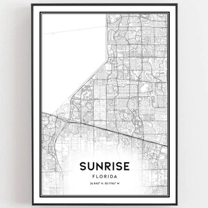Zonsopgang Kaart Afdrukken, Zonsopgang Kaart Poster Wall Art, Fl Stadsplattegrond, Florida Print Stratenplan Decor, Wegenkaart Cadeau