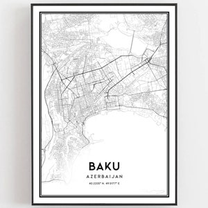 Baku Map Print, Baku Kaart Poster Wall Art, Bakoe Stadsplattegrond, Bakoe Print Stratenplan Decor, Routekaart Gift, B143