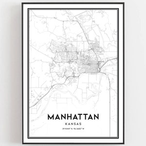 Manhattan Kaart Afdrukken, Manhattan Kaart Poster Wall Art, Ks Stadsplattegrond, Kansas Print Stratenplan Decor, Wegenkaart Cadeau