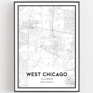 West Chicago Kaart Afdrukken, West Chicago Kaart Poster Wall Art, Il Stadsplattegrond, Illinois Print Stratenplan Decor, Wegenkaart Cadeau, B2020