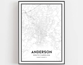 Anderson Karte Druck, Anderson Karte Poster Wandkunst, Sc Stadt Karte, South Carolina Druck Straßenkarte Dekor, Straßenkarte Geschenk, B1022