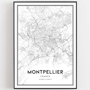 Montpellier Kaart Afdrukken, Montpellier Kaart Poster Wall Art, Montpellier Stadsplattegrond, Montpellier Print Stratenplan Decor, Wegenkaart Cadeau, B487