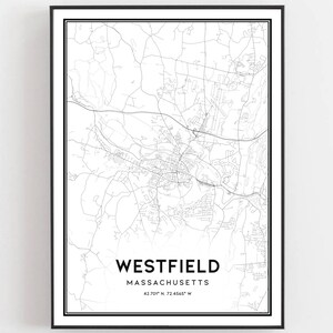 Westfield Kaart Afdrukken, Westfield Kaart Poster Wall Art, Ma Stadsplattegrond, Massachusetts Print Stratenplan Decor, Wegenkaart Cadeau, B1562