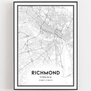 Richmond Karte Druck, Richmond Karte Poster Wandkunst, Va Stadt Karte, Virginia Print Straßenkarte Dekor, Straßen karte Geschenk, B259