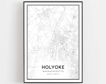 Stampa della mappa di Holyoke, poster con la mappa di Holyoke da appendere al muro, mappa della città del Massachusetts, stampa della mappa stradale del Massachusetts, regalo con mappa stradale, B1594