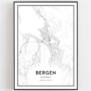 Bergen Kaart Afdrukken, Bergen Kaart Poster Wall Art, Bergen Stadsplattegrond, Bergen Print Stratenplan Decor, Wegenkaart Cadeau, B596
