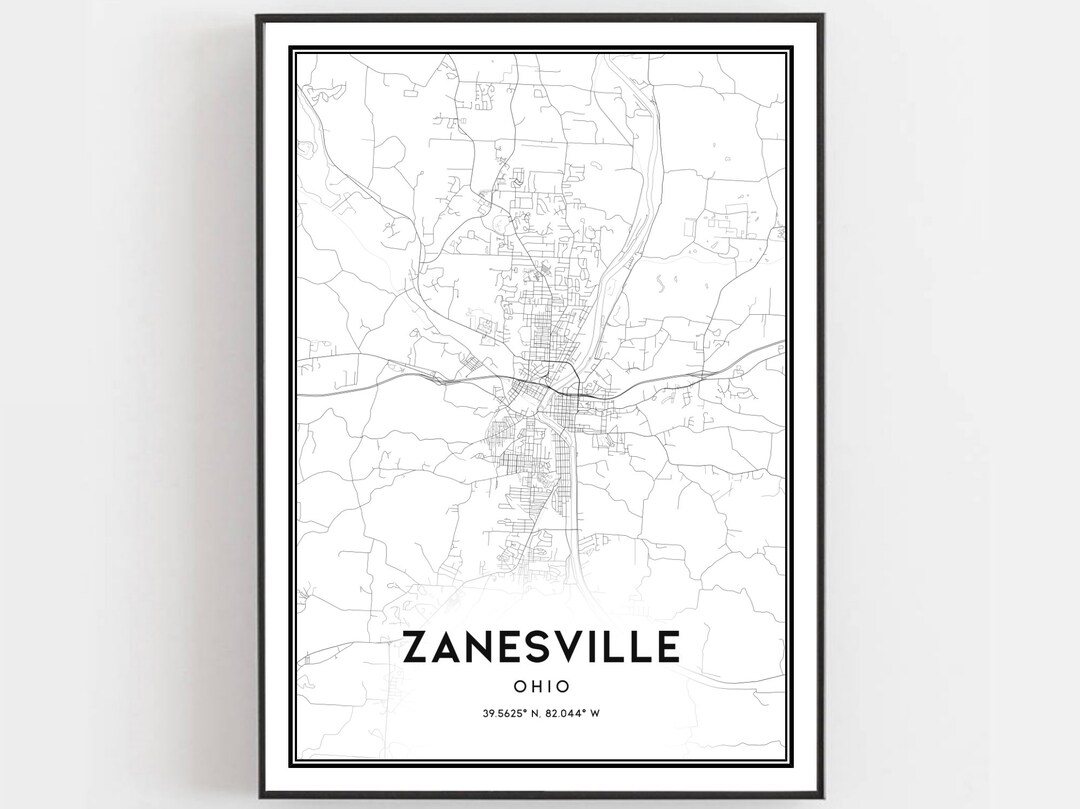 Zanesville Map Print, Zanesville Map Poster Wall Art, Oh City Map, Ohio Print Street Map Decor