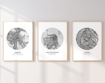 Personalisiertes 3 Stadtplan Print-Set, Benutzerdefinierte Jubiläumskunst