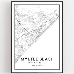 Myrte Strand Karte Druck, Myrte Strand Karte Poster Wandkunst, Sc Stadt karte, South Carolina Print Straßen karte Dekor, Road Map Geschenk, B551