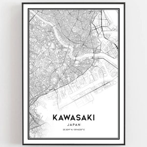 Kawasaki Kaart Print, Kawasaki Kaart Poster Wall Art, Kawasaki Stadsplattegrond, Kawasaki Print Stratenplan Decor, Routekaart Cadeau, B206