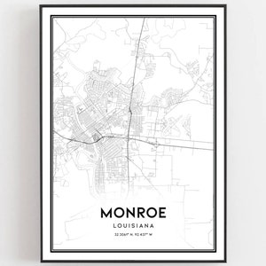 Peut inclure: Une carte en noir et blanc de Monroe, en Louisiane. La carte montre les rues de la ville et les zones environnantes. Le texte "MONROE, LOUISIANA, 32.5047° N 92.437° W" est imprimé sous la carte.