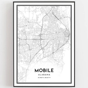 Mobile Map Print, Mobile Map Poster Wall Art, Al City Map, Alabama Print Street Map Decor, Road Map Gift, B490