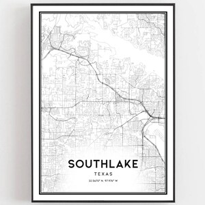 Southlake Karte Druck, Südlake Karte Poster Wandkunst, Tx Stadt karte, Texas Print Straßen karte Dekor, Straßen karte Geschenk, B1866
