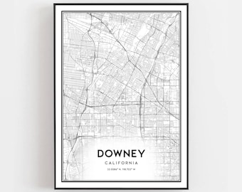 Downey Map Print, Downey Map Poster Wall Art, Ca  City Map, California Print Street Map Decor, Road Map Gift, B814