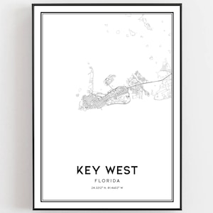 Key West Kaart Afdrukken, Key West Kaart Poster Wall Art, Fl Stadskaart, Florida Print Stratenplan Decor, Wegenkaart Cadeau