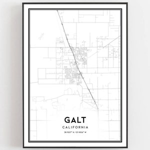 Könnte beinhalten: Schwarz-weiß Karte von Galt, Kalifornien. Die Karte zeigt die Straßen und Wege der Stadt. Der Text "Galt, Kalifornien 38.1507° N 121.1834° W" ist unter der Karte gedruckt.