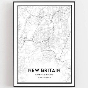Impressão de mapa da Nova Grã-Bretanha, arte de parede do mapa da Nova Grã-Bretanha, mapa da cidade de Ct, decoração de mapa de rua com impressão de Connecticut, presente de mapa de estrada, B1084