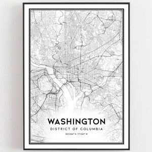 Washington Kaart Afdrukken, Washington Kaart Poster Wall Art, Dc Stadsplattegrond, District of Columbia Print Stratenplan Decor, Wegenkaart Cadeau, B48