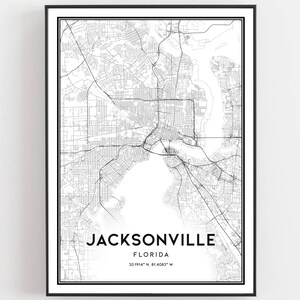 Jacksonville Kaart Afdrukken, Jacksonville Kaart Poster Wall Art, Fl Stadsplattegrond, Florida Print Stratenplan Decor, Wegenkaart Cadeau, B239