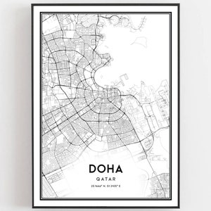 Doha Kaart Afdrukken, Doha Kaart Poster Wall Art, Doha Stadsplattegrond, Doha Print Stratenplan Decor, Wegenkaart Cadeau, B203