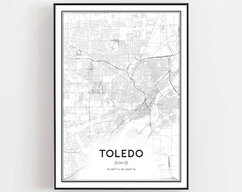 Stampa della mappa di Toledo, poster della mappa di Toledo da appendere al muro, mappa della città dell'Ohio, stampa della mappa stradale dell'Ohio, regalo con mappa stradale, B390