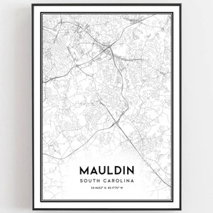 Mauldin Karte Druck, Mauldin Karte Poster Wandkunst, Sc Stadt karte, South Carolina Print Straßenkarte Dekor, Straßen karte Geschenk