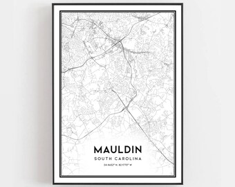 Impression de carte Mauldin, art mural affiche carte Mauldin, plan de la ville de Sc, décor de carte de rue impression Caroline du Sud, cadeau carte routière