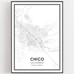 Chico Karte Druck, Chico Karte Poster Wandkunst, Ca Stadt karte, Kalifornien Print Straßenkarte Dekor, Straßen karte Geschenk, B853