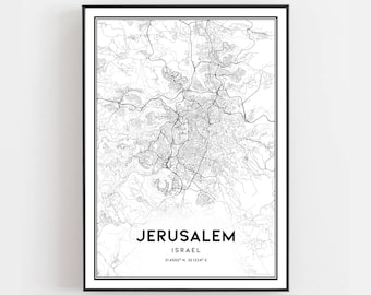 May include: A black and white map of Jerusalem, Israel. The map shows the city's streets and landmarks. The text "Jerusalem, Israel 31.4550° N, 35.1234° E" is printed below the map.