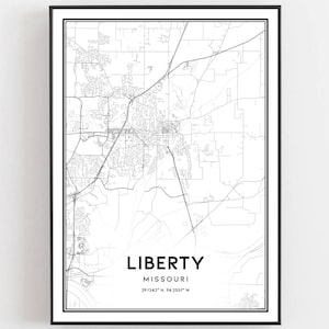 Liberty Kaart Afdrukken, Liberty Map Poster Wall Art, Mo Stadsplattegrond, Missouri Print Stratenkaart Decor, Wegenkaart Cadeau, B1885