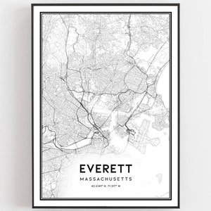 May include: Black and white map print of Everett, Massachusetts with the city name and coordinates, 42.3847° N, 71.3317° W.