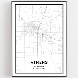 Athènes Carte Imprimer, Athènes Carte Affiche Art Mural, Al City Map, Alabama Imprimer Street Map Decor, Road Map Cadeau