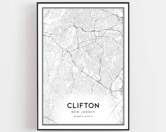 Clifton Map Print, Clifton Map Poster Wall Art, Nj  City Map, New Jersey Print Street Map Decor, Road Map Gift, B964