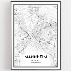 Mannheim Karte Druck, Mannheim Karte Poster Wandkunst, Mannheim Stadtplan, Mannheim Print Straßenkarte Dekor, Straßenkarte Geschenk