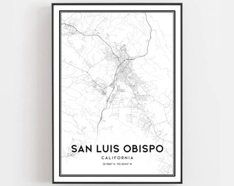 San Luis Obispo kaart print, San Luis Obispo kaart poster kunst aan de muur, Ca City kaart, Californië print stratenplan decor, wegenkaart cadeau, B1207