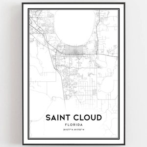 Heilige Wolke Karte Druck, Saint Cloud Karte Poster Wandkunst, Fl Stadt Karte, Florida Print Straßenkarte Dekor, Straßen karte Geschenk, B1439