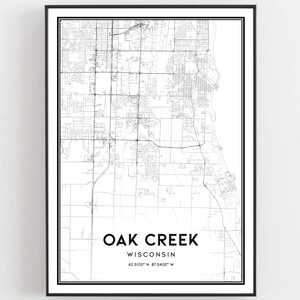 Oak Creek Karte Print, Oak Creek Karte Poster Wandkunst, Wi Stadt karte, Stadtplan, Stadtplan Druck, Stadtplan Deko, Stadtplan Geschenk