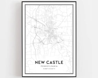 New Castle Map Print, New Castle Map Poster Wall Art, Pa  City Map, Pennsylvania Print Street Map Decor, Road Map Gift