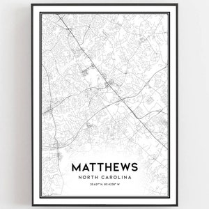 Matthews Kaart Afdrukken, Matthews Kaart Poster Wall Art, Nc Stadsplattegrond, North Carolina Print Stratenkaart Decor, Wegenkaart Cadeau