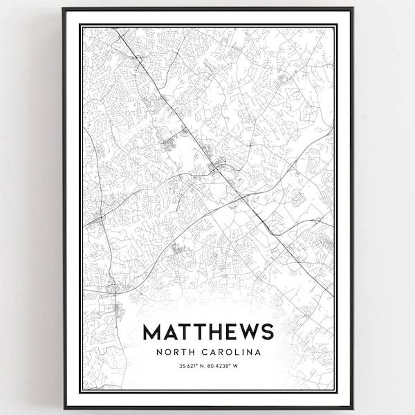 Matthews Map Print, Matthews Map Poster Wall Art, Nc  City Map, North Carolina Print Street Map Decor, Road Map Gift